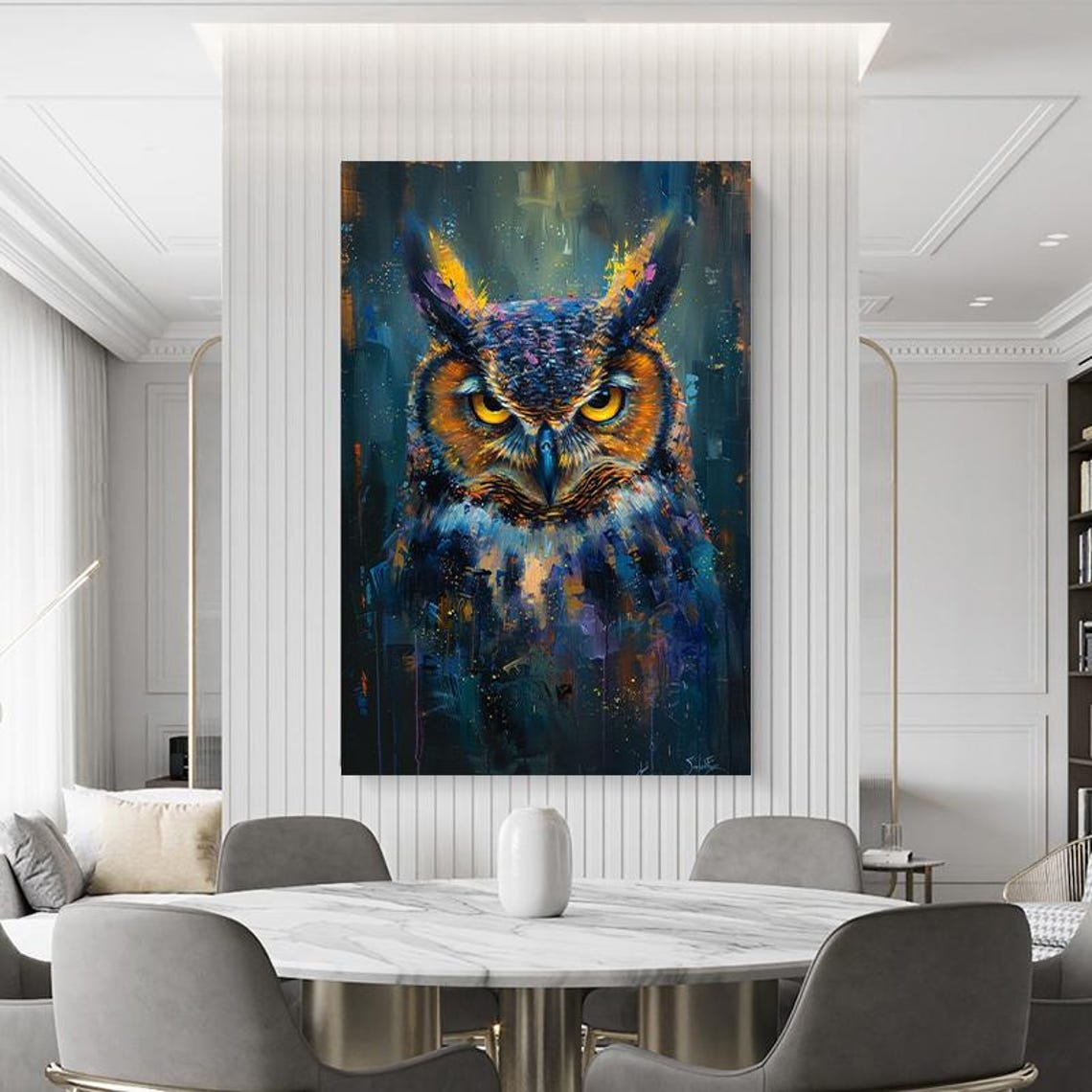 Colorful Abstract Owl With Intense Yellow Eyes Modern Art Poster - Image 2