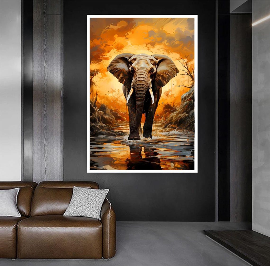 Majestic Elephant Walking Through Golden Sunset Water Wildlife Poster - Image 4