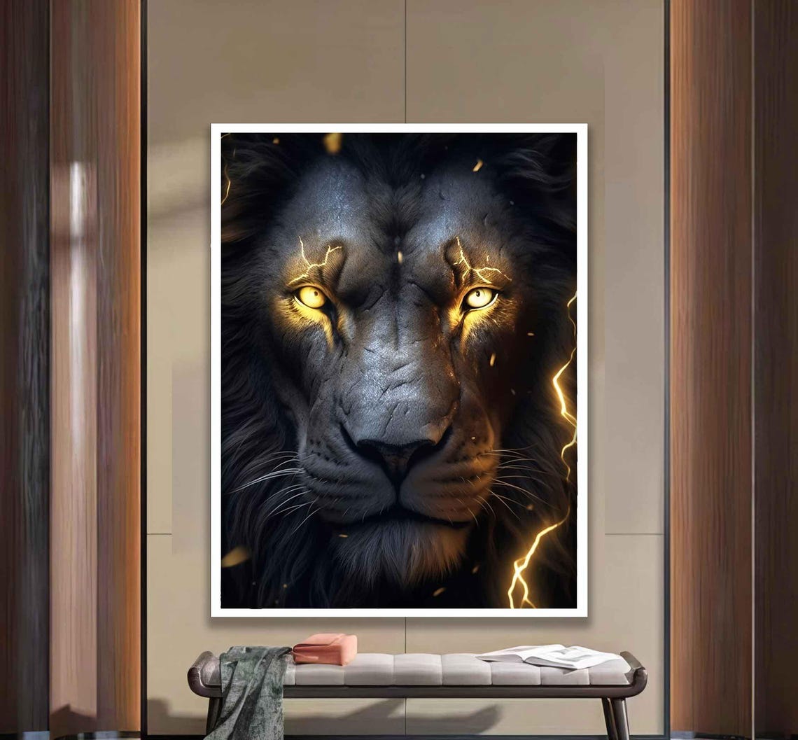 Black Lion with Golden Lightning Eyes Powerful Animal Poster - Image 3