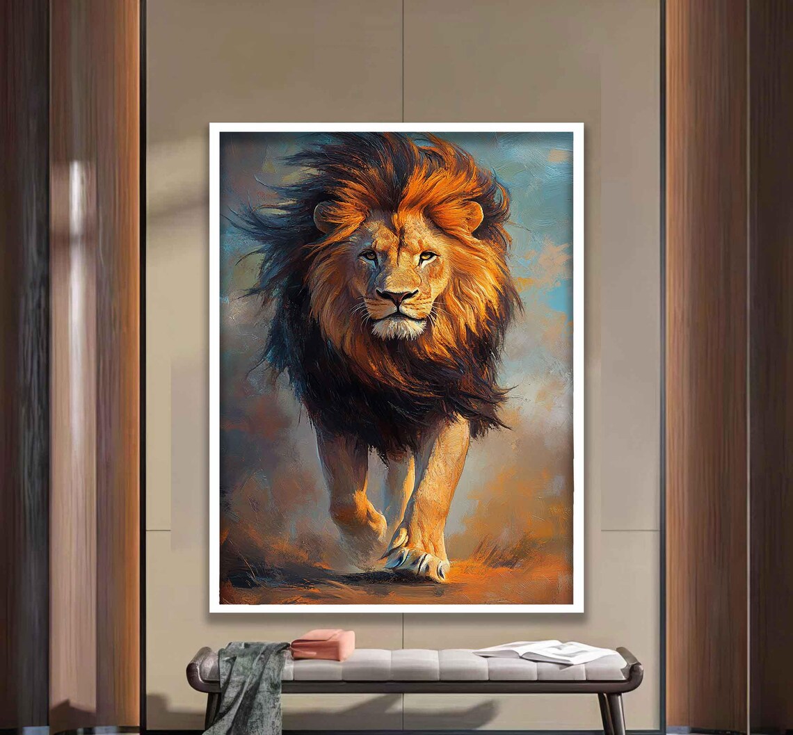 Majestic Lion Walking Colorful Windblown Mane Oil Painting Poster - Image 3