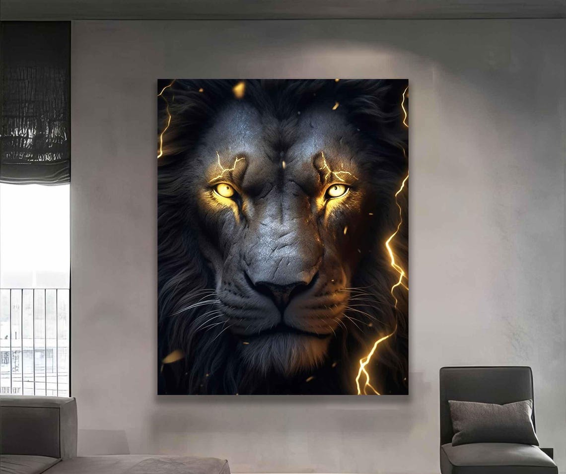 Black Lion with Golden Lightning Eyes Powerful Animal Poster - Image 4
