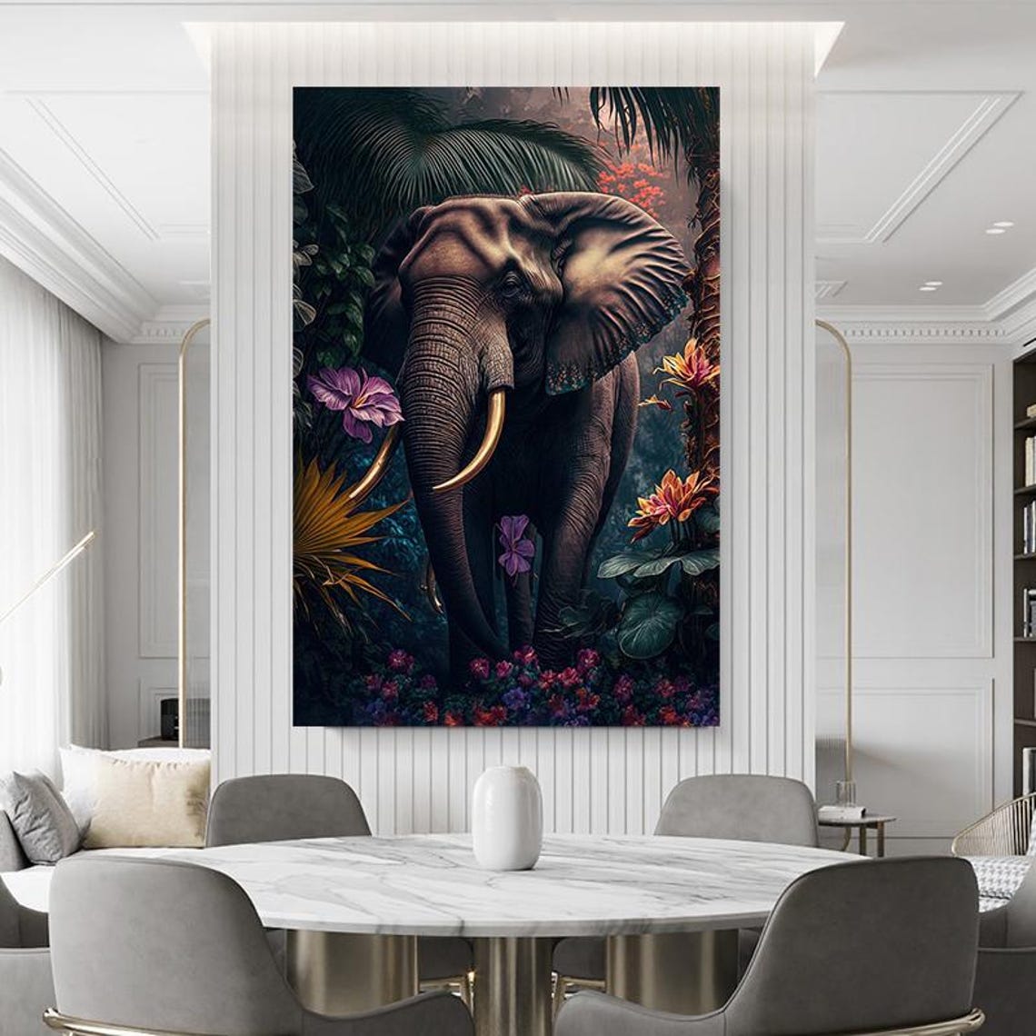 Majestic Elephant In A Lush Tropical Jungle With Flowers Wall Art - Image 4