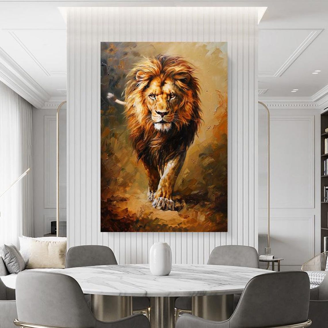 Realistic Lion Walking Forward Warm Oil Painting Wildlife Poster - Image 4