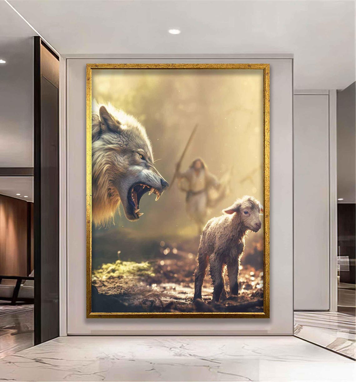 Wolf Facing Gentle Lamb With Shepherd Christian Symbolism Art Poster - Image 2