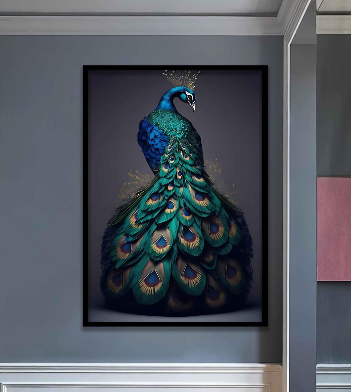 Majestic Blue Peacock with Fanned Iridescent Tail Feather Poster - Image 3