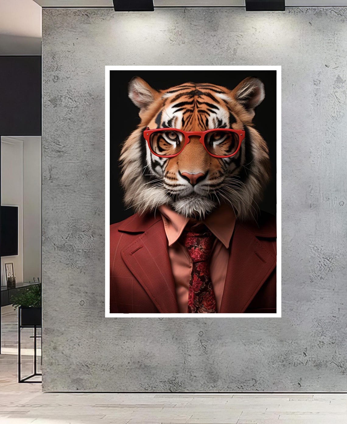 Cool Tiger in Red Glasses and Suit Fun Boss Animal Portrait Poster - Image 2