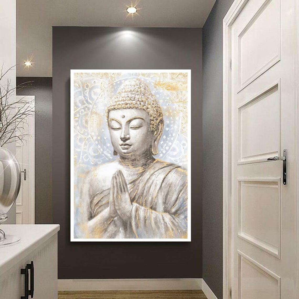 Serene Praying Buddha in White and Gold Spiritual Art Poster - Image 4
