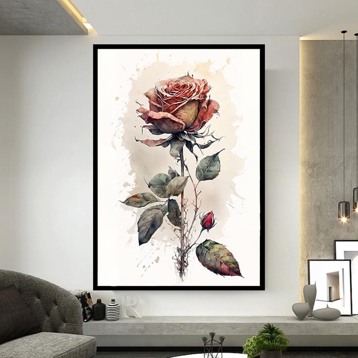Single Watercolor Rose on Tall Stem Soft Blush Pink Bloom Poster