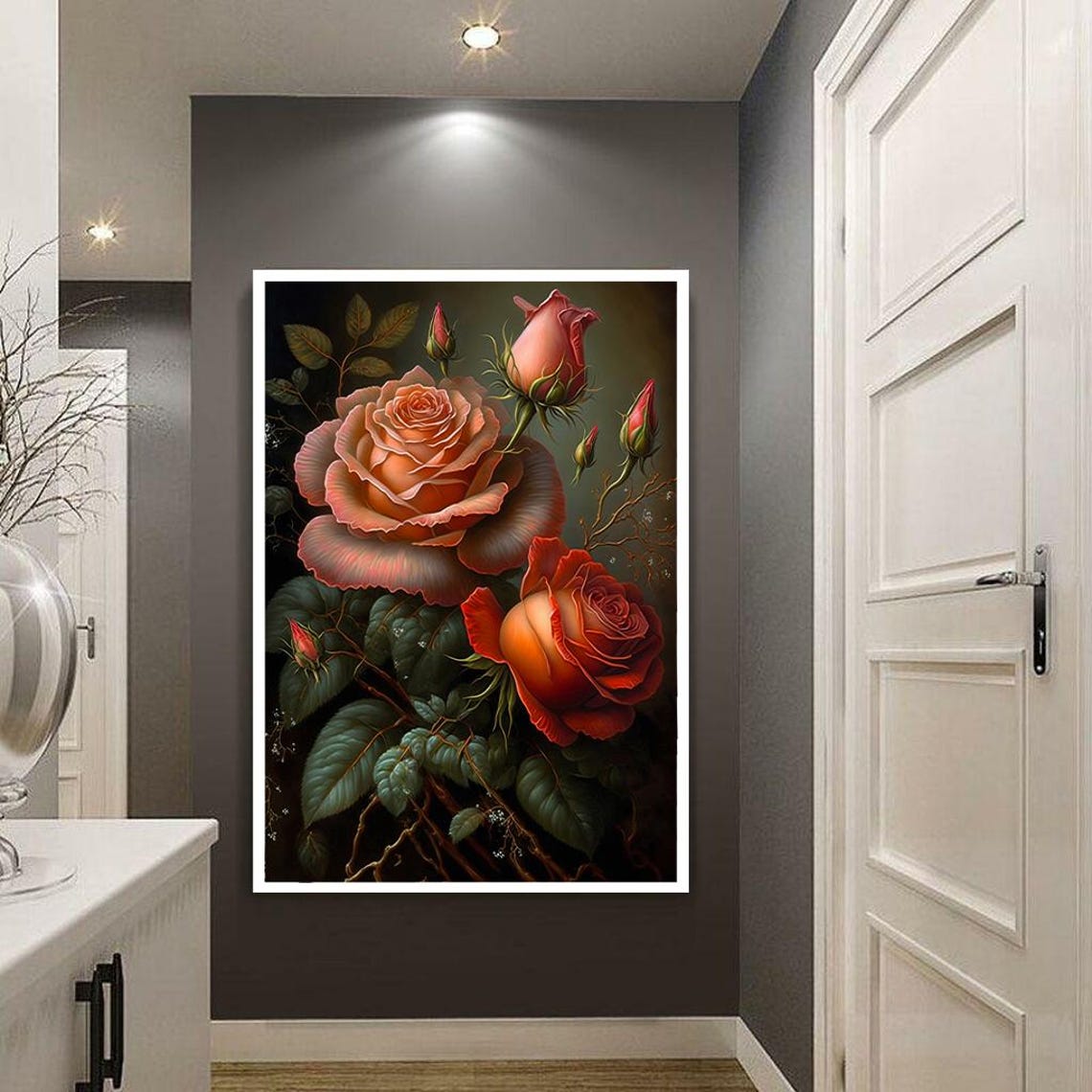 Vintage Peach Rose Blooms With Buds on Moody Dark Background Poster - Image 2