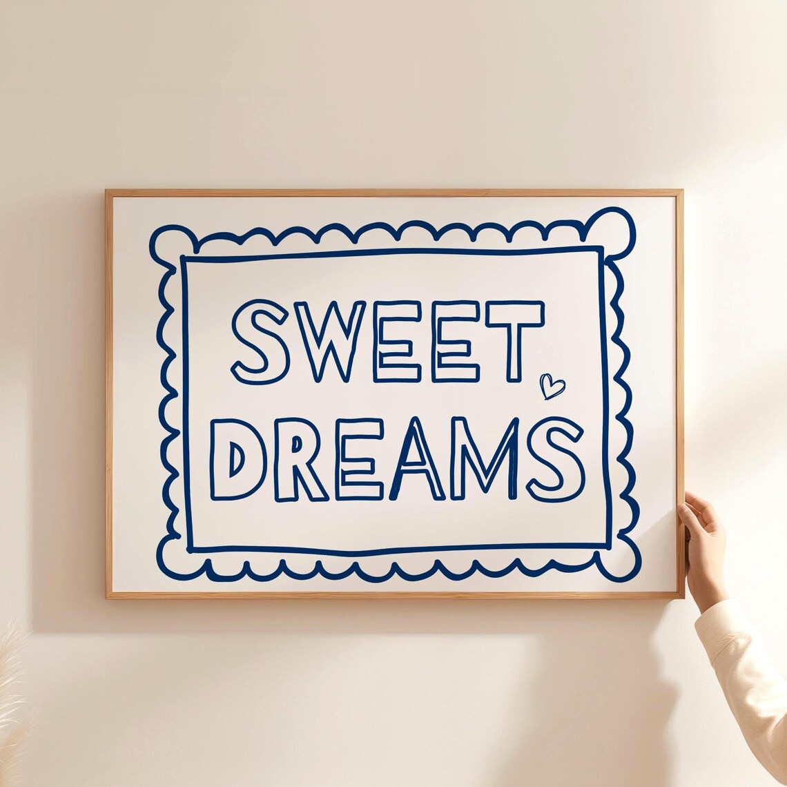 Sweet Dreams Nursery Poster Navy Hand Drawn Scalloped Frame Kids Room Wall Decor