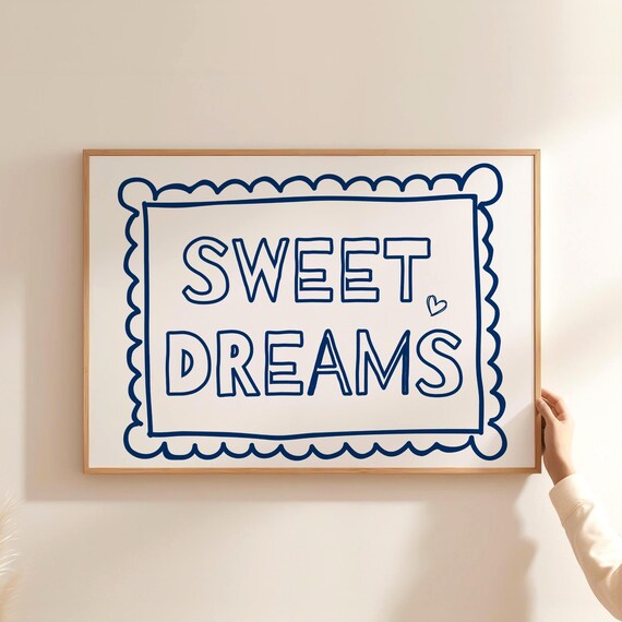 Sweet Dreams Nursery Poster Navy Hand Drawn Scalloped Frame Kids Room Wall Decor