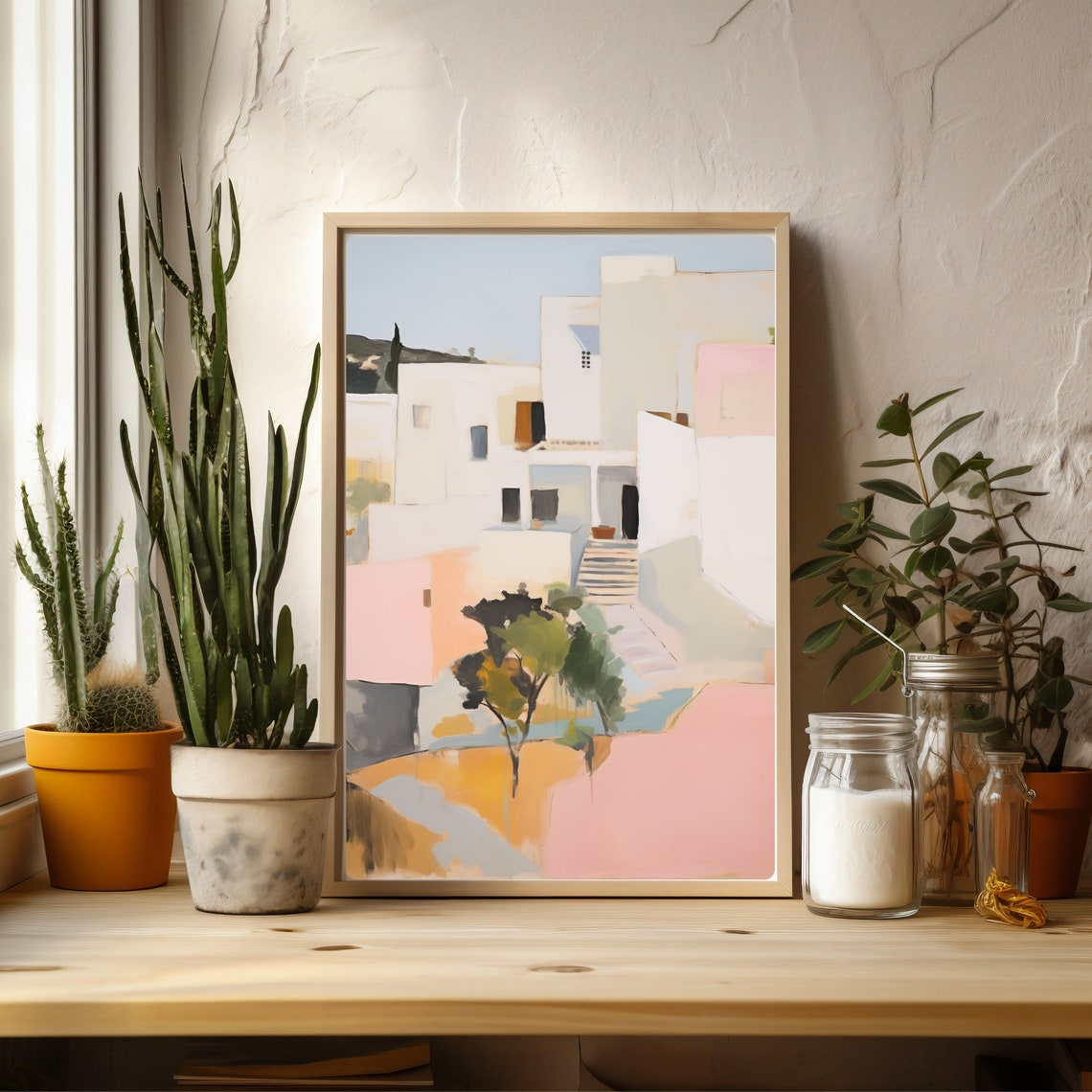 Ibiza Spain Whitewashed Village Houses Pastel Abstract Art Poster - Image 2