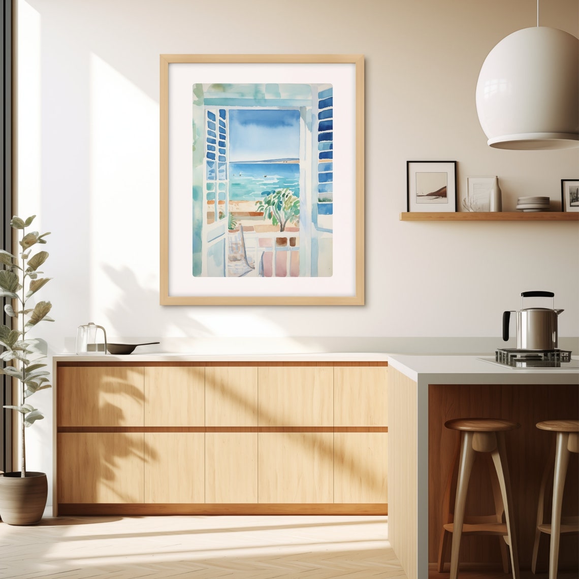 Greek Island Window with Open Shutters Overlooking Blue Sea Poster - Image 3