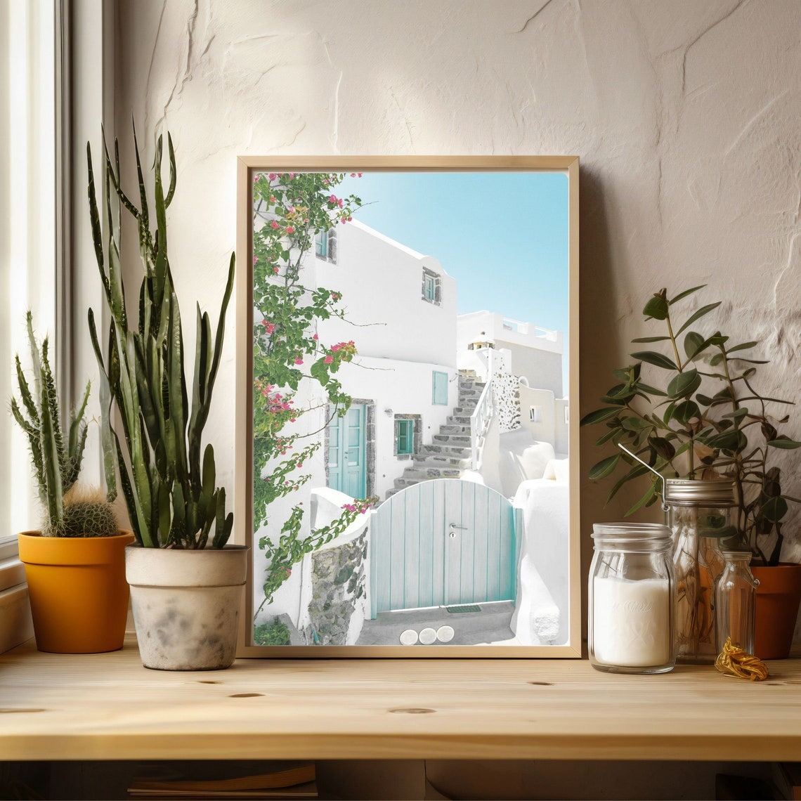 Santorini Greece Whitewashed Alley with Turquoise Gate Photo Poster - Image 2