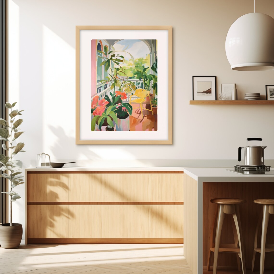 Tropical Sunlit Balcony Garden With Yellow Chair Watercolor Poster - Image 3