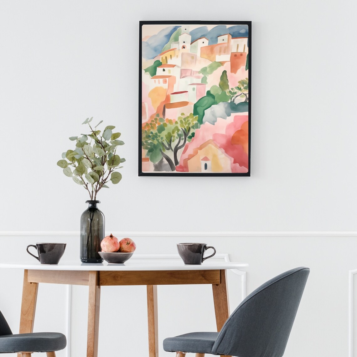 Pastel Pink Coastal Village on Green Hillside Watercolor Poster - Image 3