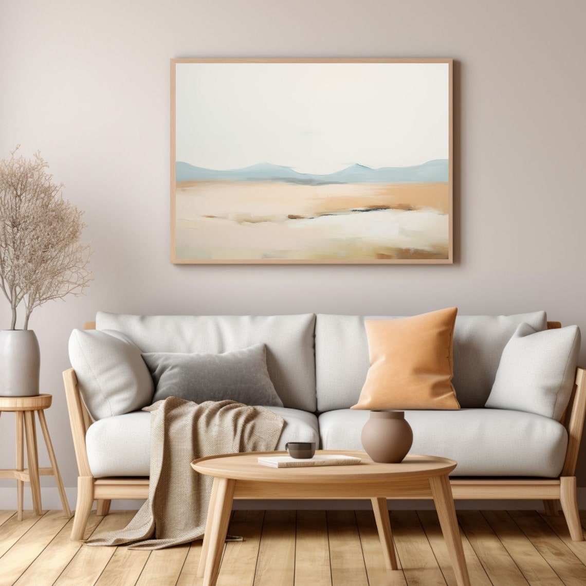 Minimal Beige Desert Plain Beneath Pale Blue Mountains Poster - Image 3