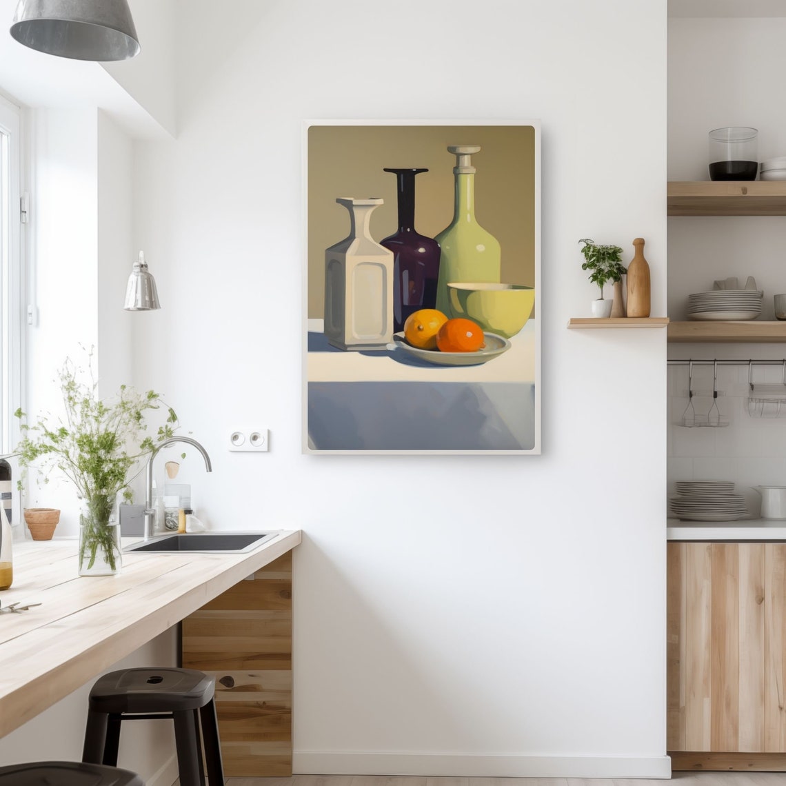 Modern Still Life with Wine Bottles Bowl and Oranges Dining Poster - Image 2