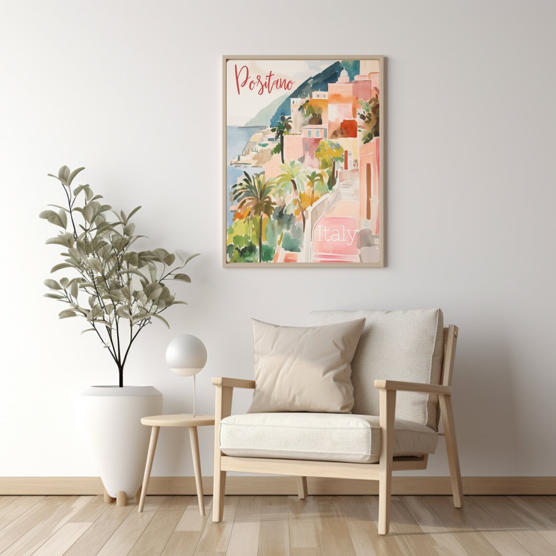Positano Italy Watercolor Travel Poster with Coastal Village Scene - Image 2