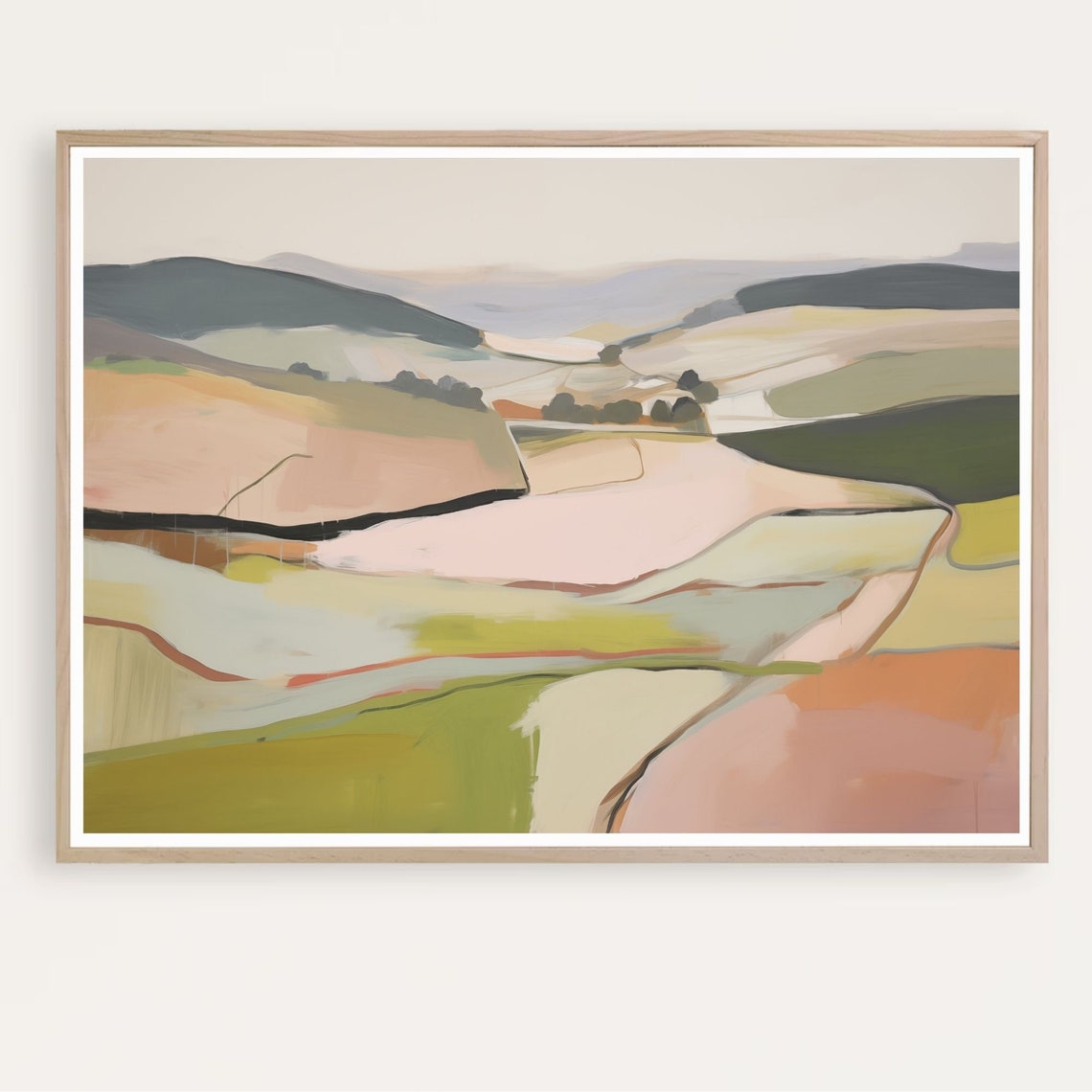 Rolling Pink Hills and Olive Green Abstract Countryside Poster