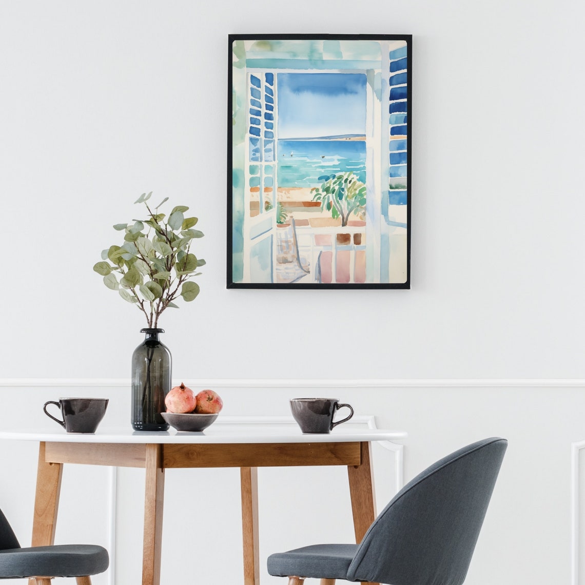 Greek Island Window with Open Shutters Overlooking Blue Sea Poster - Image 2