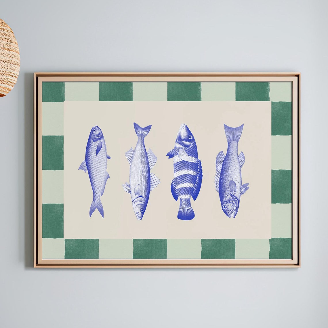 Vintage Blue Fish Illustrations Retro Coastal Kitchen Art Print