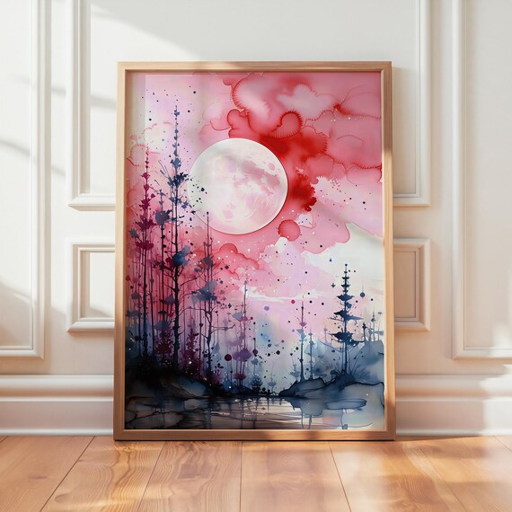 Pink Watercolor Forest Full Moon Dreamy Blush Night Sky Wall Art