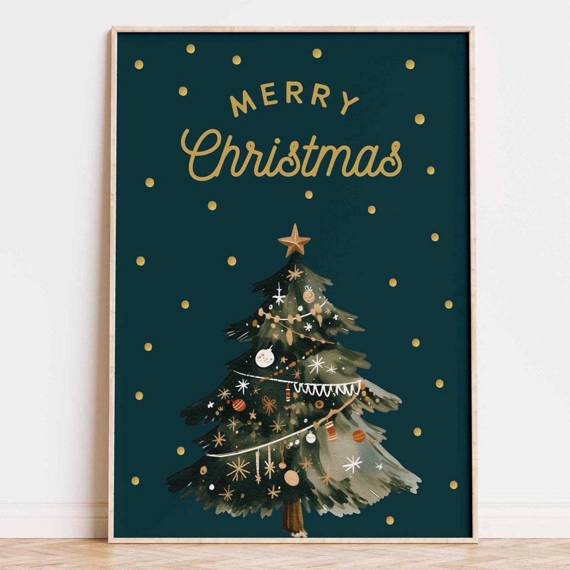 Gold Merry Christmas Script Teal Watercolor Tree Holiday Poster