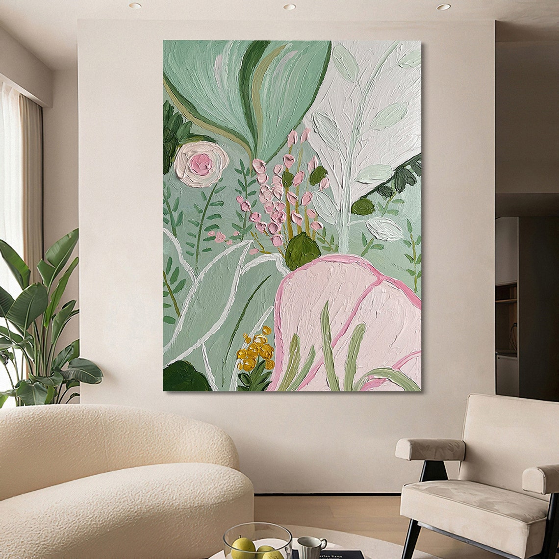 Sage Green Botanical Pink Flowers Modern Botanical Art Poster - Image 2