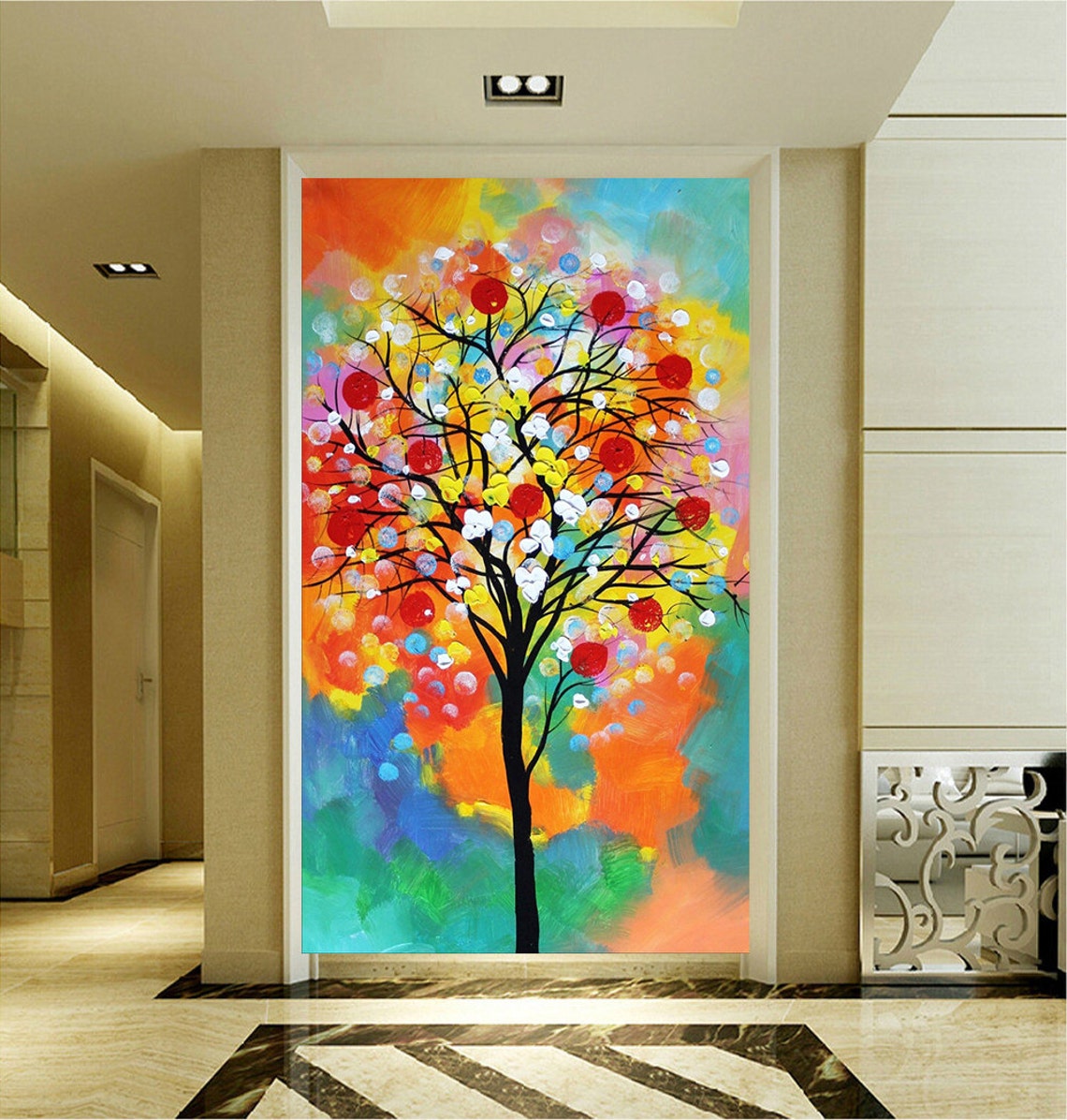 Hand Painted Colorful Flower Tree Painting For Living Room Home Decoration Wall Art Picture Thick Palette Knife Oil Painting By Lisa