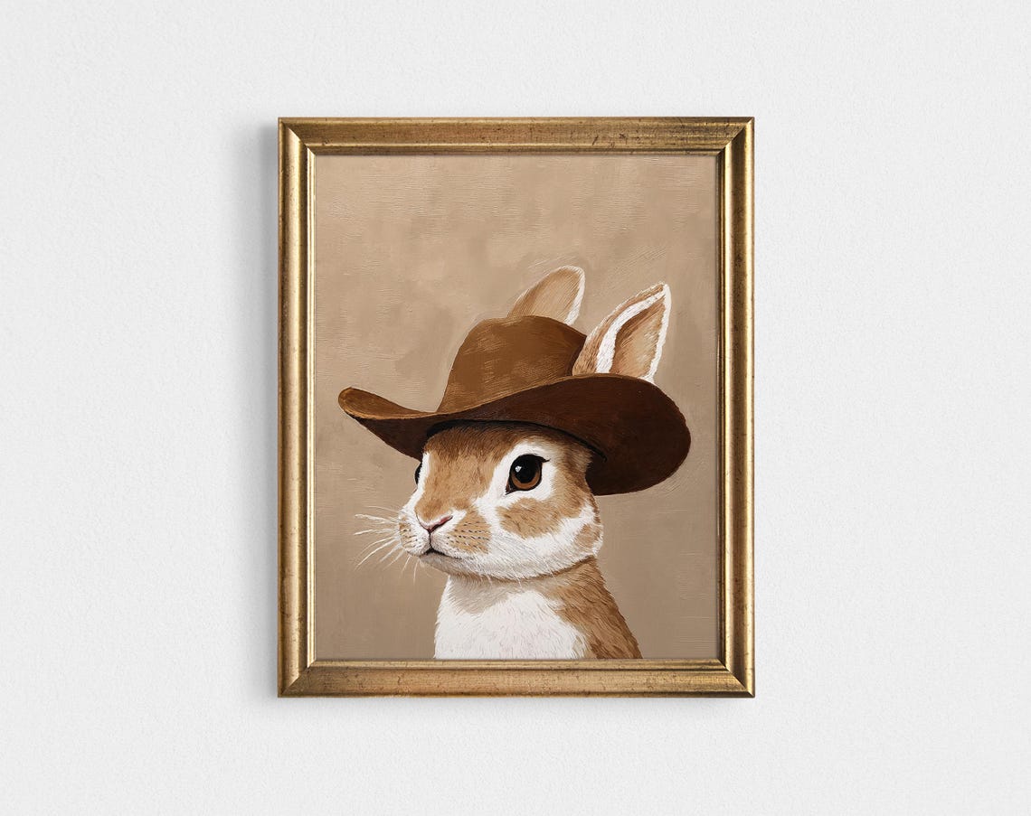 Cowboy Bunny Rabbit in Brown Hat Western Nursery Animal Wall Art - Image 3