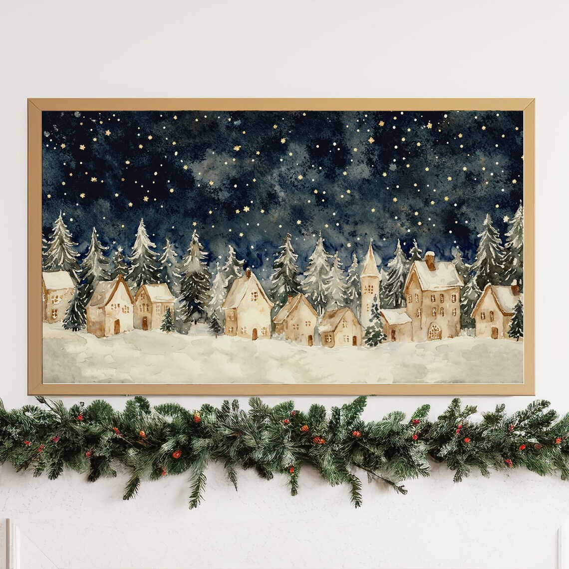 Snowy Christmas Village Watercolor Night Scene Holiday Poster - Image 3