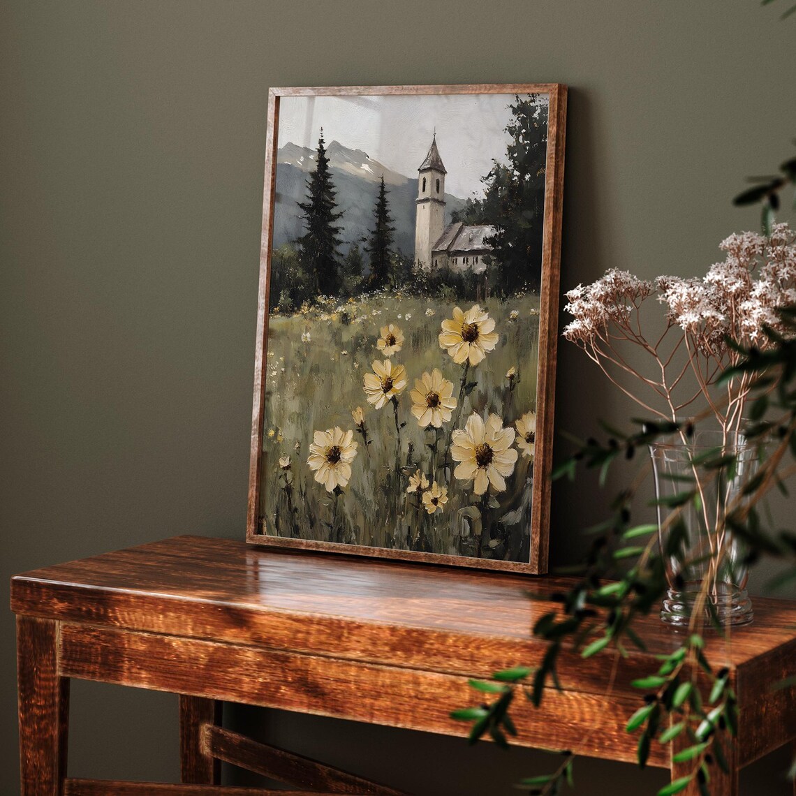Mountain Village Church With Daisies Vintage Alpine Painting Poster - Image 6