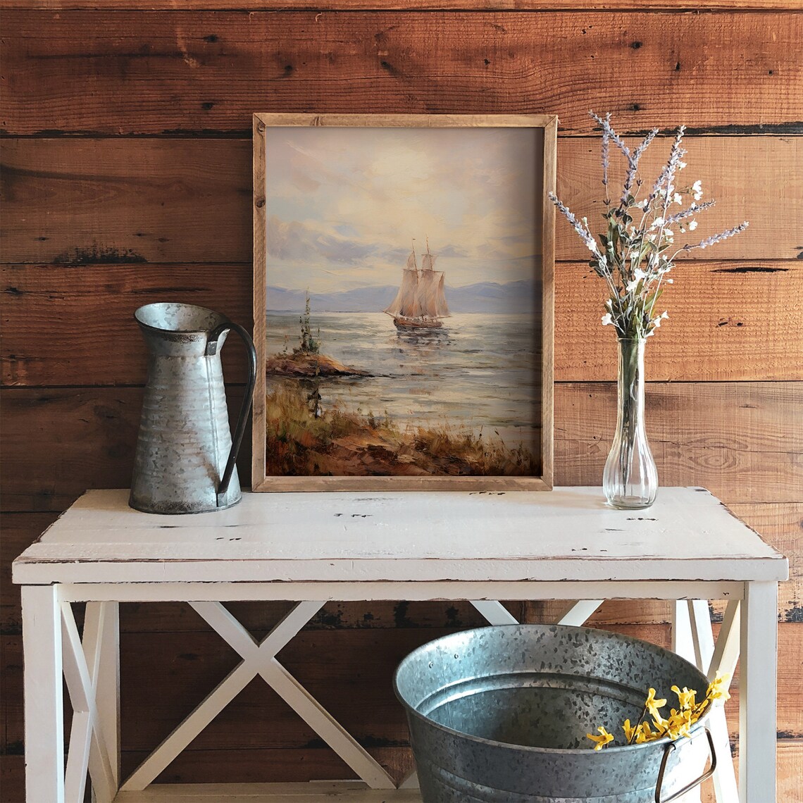Tall Sailboat on Calm Sunlit Water Vintage Maritime Seascape Oil Poster - Image 3