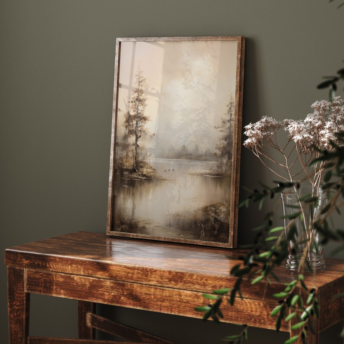 Foggy Morning Lake with Pine Trees and Birds Sepia Tone Vintage Art Poster - Image 2