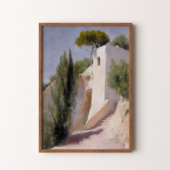 Vintage Mediterranean Home Landscape Painting Earthy Tones Rustic Wall Art Vi240