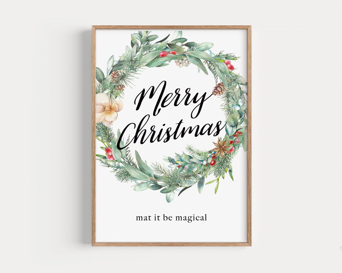 Merry Christmas Watercolor Wreath Botanical Holiday Script Poster - Image 3
