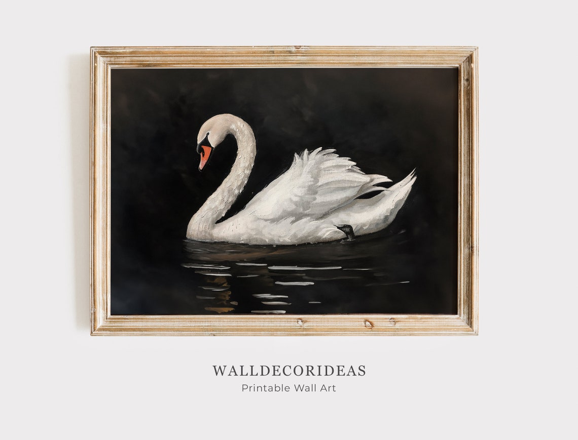 White Swan on Dark Water Dramatic Vintage Oil Painting Bird Poster