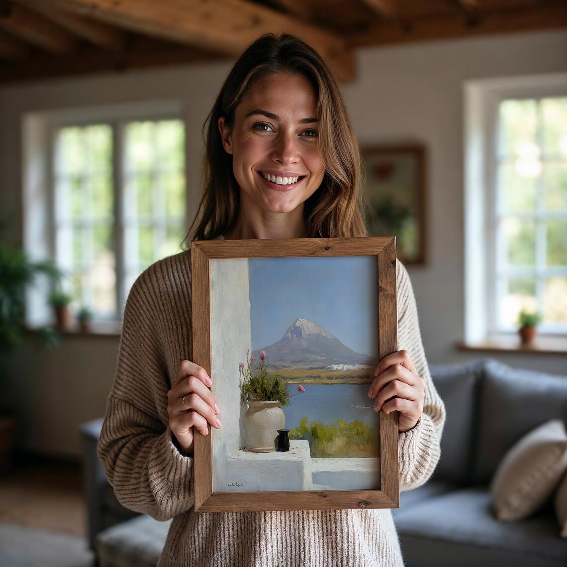 Mountain Lake Flowers Vase Village Spring Meadow Scenery Oil Poster - Image 5