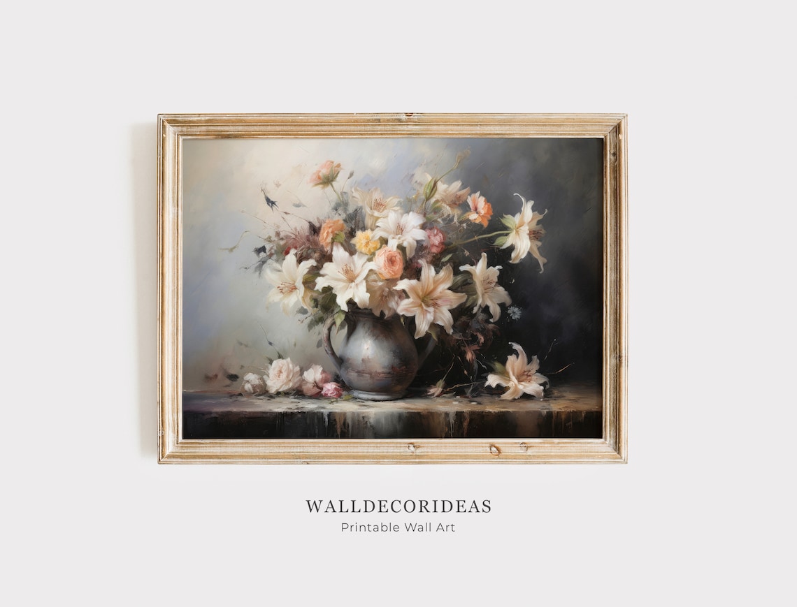 White Lily Bouquet In Antique Vase Moody Floral Painting Poster