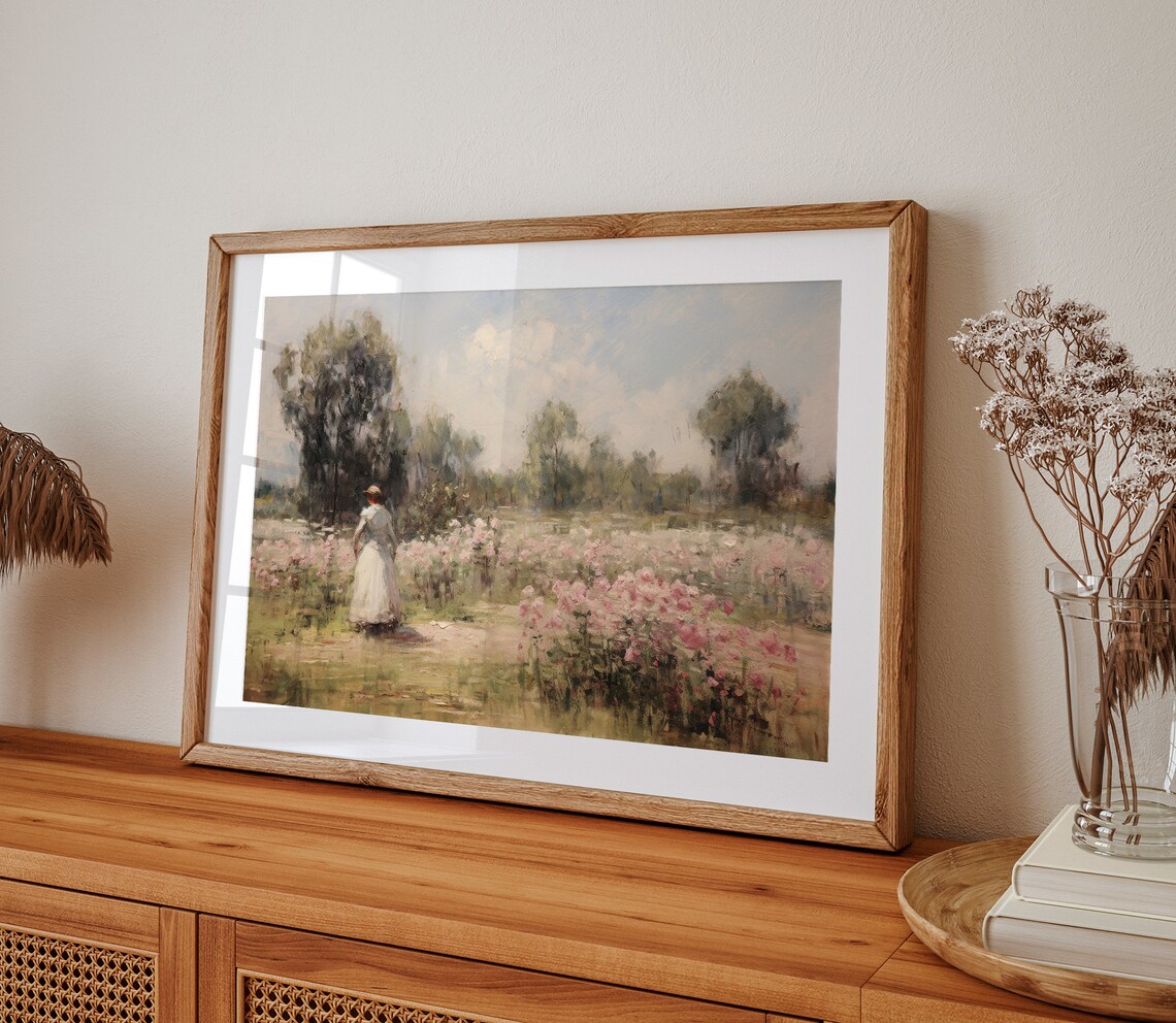 Woman in a Pink Flower Garden Impressionist Oil Landscape Art Print - Image 2