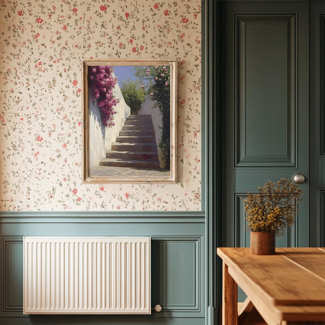 Sunlit Stone Stairway Bougainvillea White Walls Mediterranean Poster - Image 3