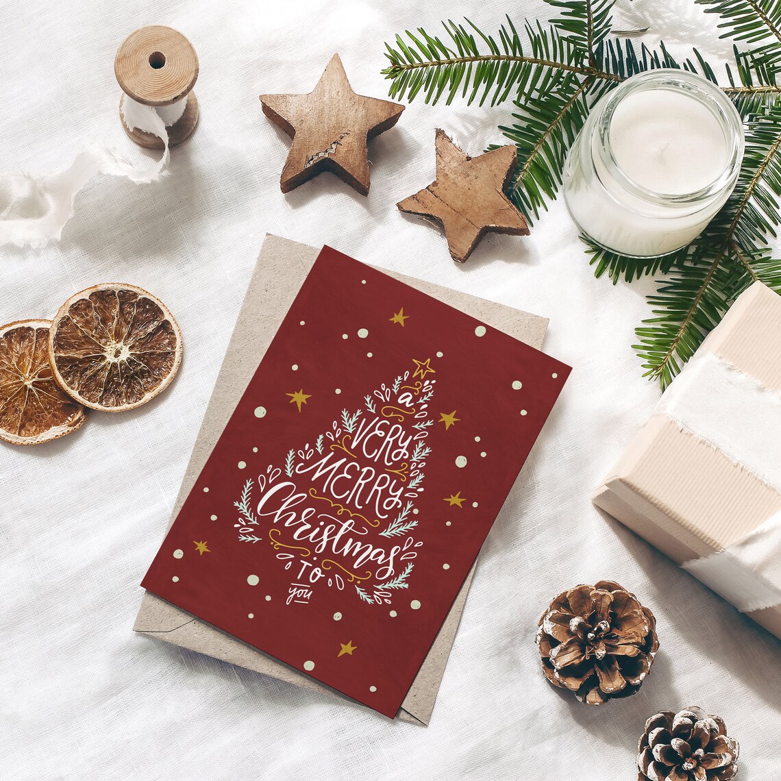 A Very Merry Christmas Hand Lettered Tree Red Gold Holiday Poster - Image 3
