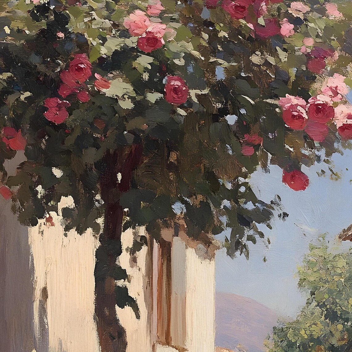 Blooming Rose Tree Mediterranean Street Sunlit Village Scene Poster - Image 2