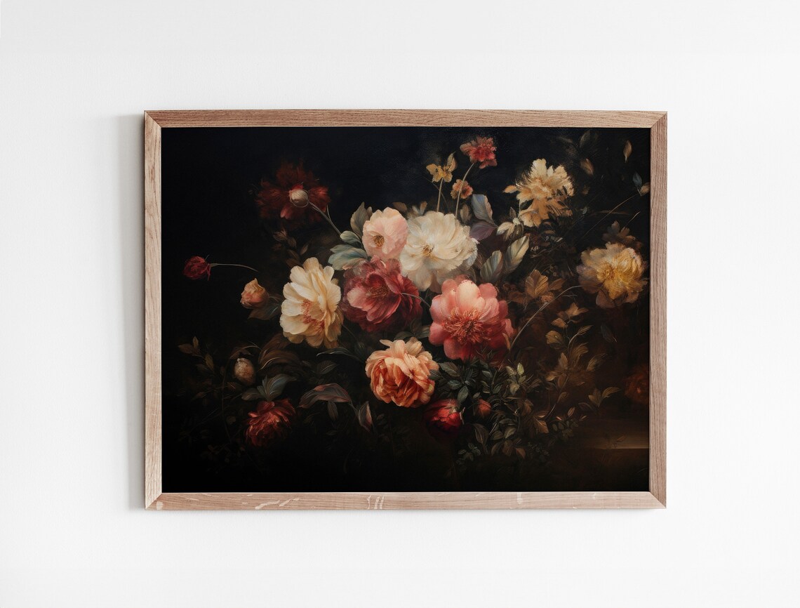 Vintage Botanical Still Life Print Flower Painting Rustic European Moody Vintage Print Dark Floral Oil Painting Wall Art - Image 3