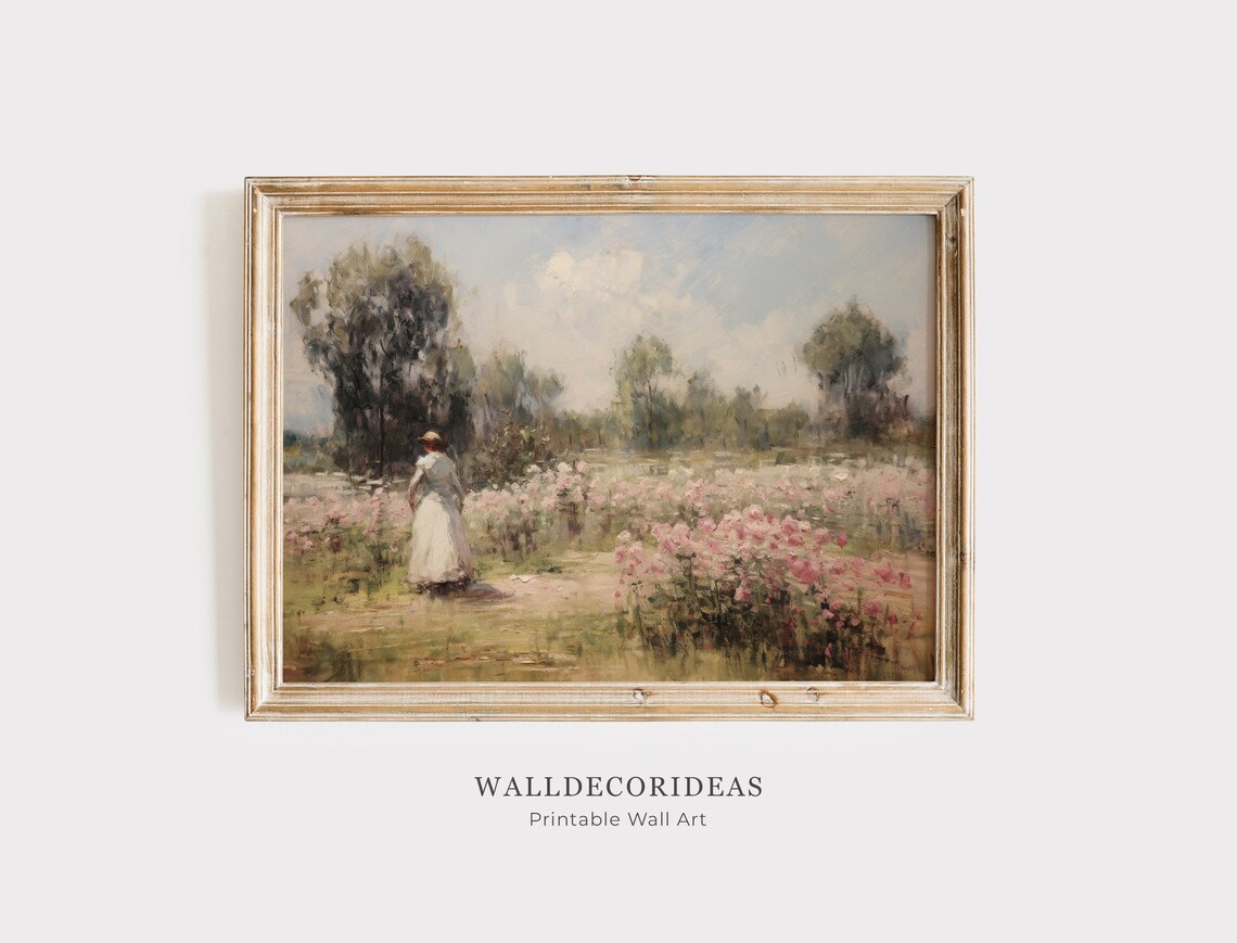 Woman in a Pink Flower Garden Impressionist Oil Landscape Art Print