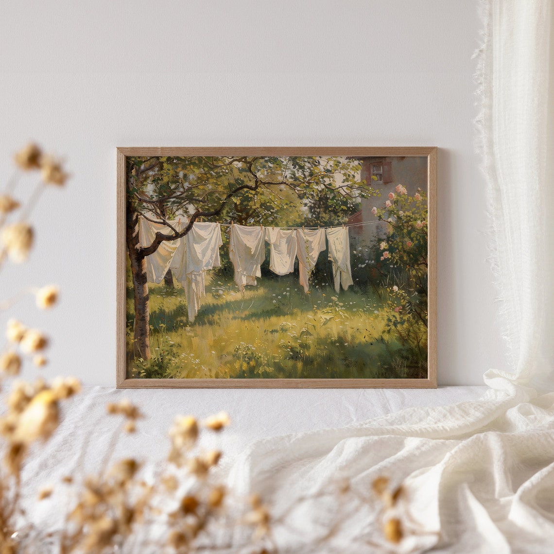 Sunlit Laundry Line in Cottage Garden Vintage Summer Painting Poster - Image 2