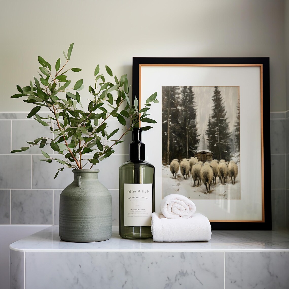 Sheep Flock In Snowy Pine Woods Vintage Winter Rustic Farmhouse Art Poster - Image 5