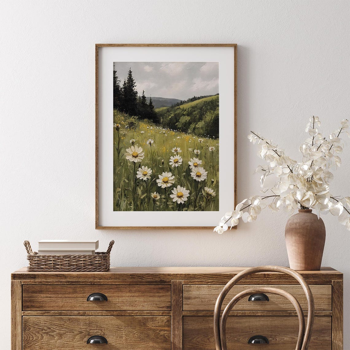 Daisy Field Before Pine Forest Vintage Green Meadow Painting Poster - Image 7