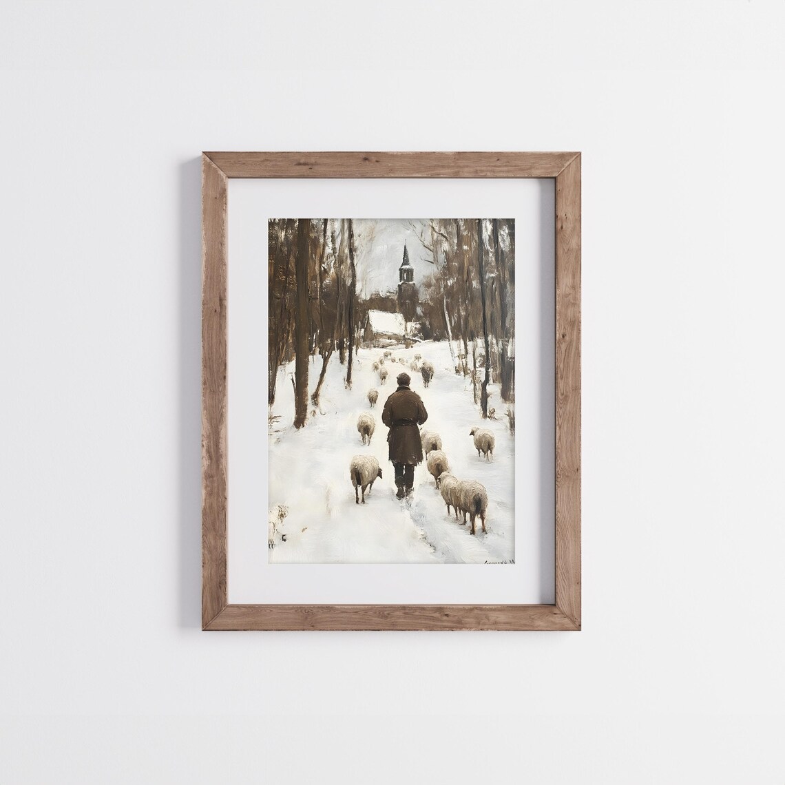 Shepherd Leading Sheep Through Snowy Village Toward Church Winter Art Poster - Image 4